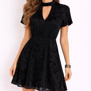 BONGO Y2K Black Floral Burnout Velvet Mini Dress Cutout Keyhole Stretch Waist